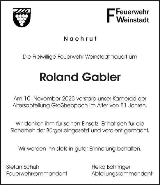 Traueranzeige von Roland Gabler von Waiblinger Kreiszeitung