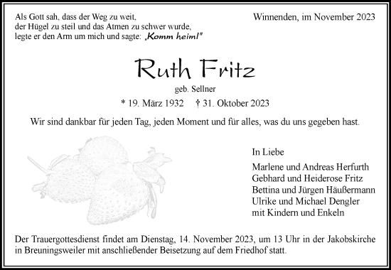 Traueranzeige von Ruth Fritz von Waiblinger Kreiszeitung