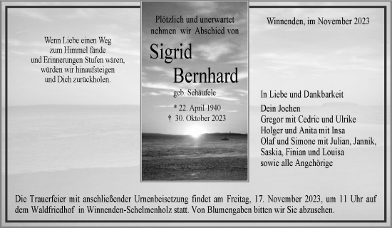 Traueranzeige von Sigrid Bernhard von Waiblinger Kreiszeitung