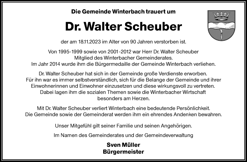  Traueranzeige für Walter Scheuber vom 25.11.2023 aus Waiblinger Kreiszeitung