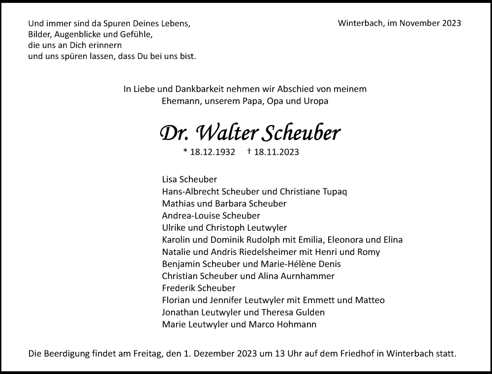  Traueranzeige für Walter Scheuber vom 25.11.2023 aus Waiblinger Kreiszeitung