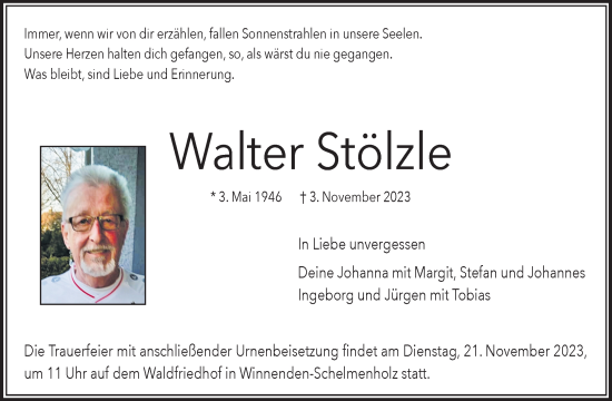 Traueranzeige von Walter Stölzle von Waiblinger Kreiszeitung