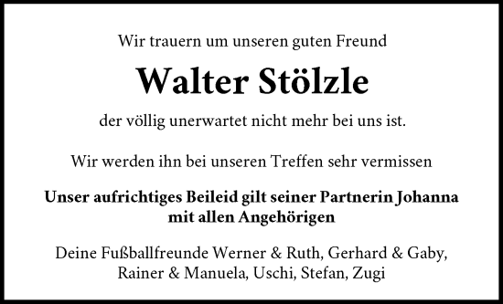 Traueranzeige von Walter Stölzle von Waiblinger Kreiszeitung