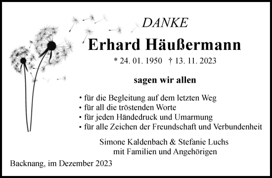 Traueranzeige von Erhard Häußermann von Waiblinger Kreiszeitung