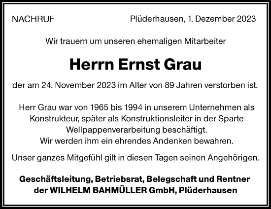 Traueranzeige von Ernst Grau von Waiblinger Kreiszeitung