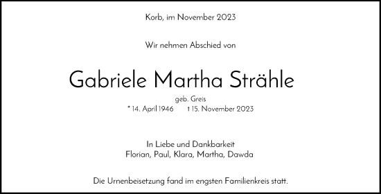 Traueranzeige von Gabriele Strähle von Waiblinger Kreiszeitung