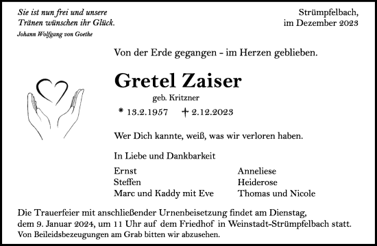 Traueranzeige von Gretel Zaiser von Waiblinger Kreiszeitung