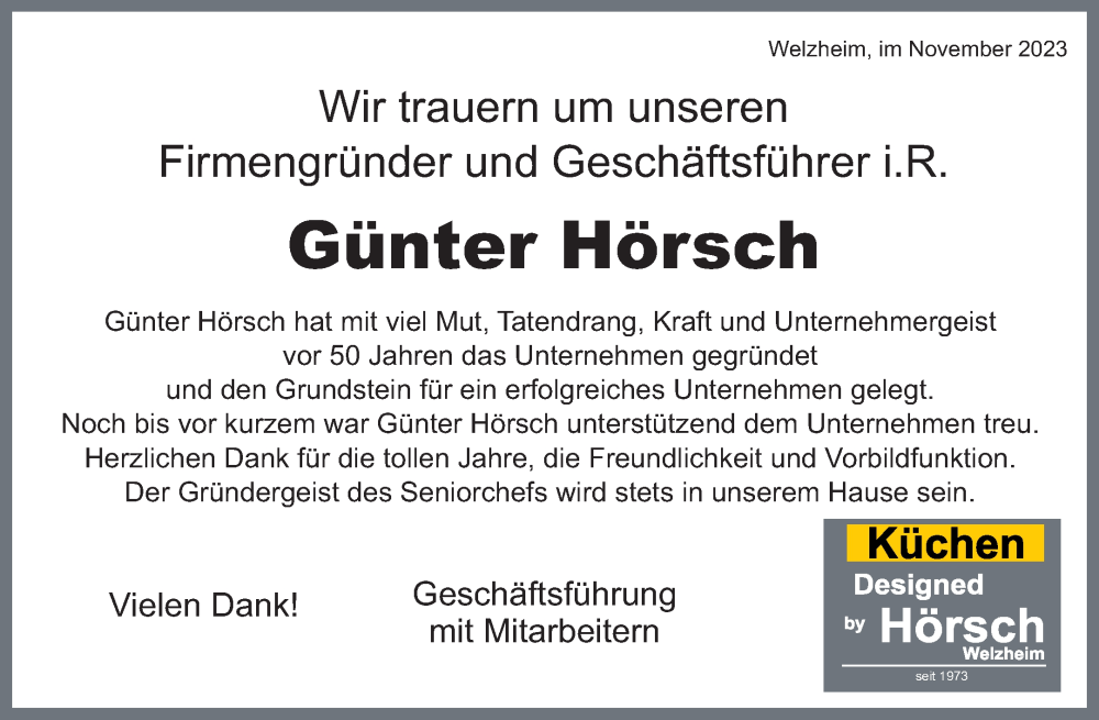  Traueranzeige für Günter Hörsch vom 02.12.2023 aus Waiblinger Kreiszeitung