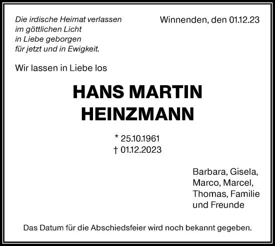 Traueranzeige von Hans Martin Heinzmann von Waiblinger Kreiszeitung