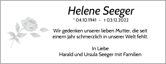 Traueranzeige von Helene Seeger von Waiblinger Kreiszeitung