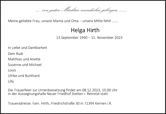 Traueranzeige von Helga Hirth von Waiblinger Kreiszeitung