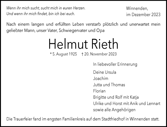 Traueranzeige von Helmut Rieth von Waiblinger Kreiszeitung