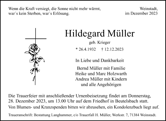 Traueranzeige von Hildegard Müller von Waiblinger Kreiszeitung