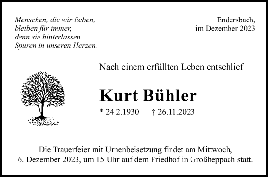 Traueranzeige von Kurt Bühler von Waiblinger Kreiszeitung