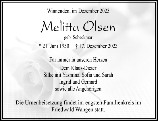 Traueranzeige von Melitta Olsen von Waiblinger Kreiszeitung