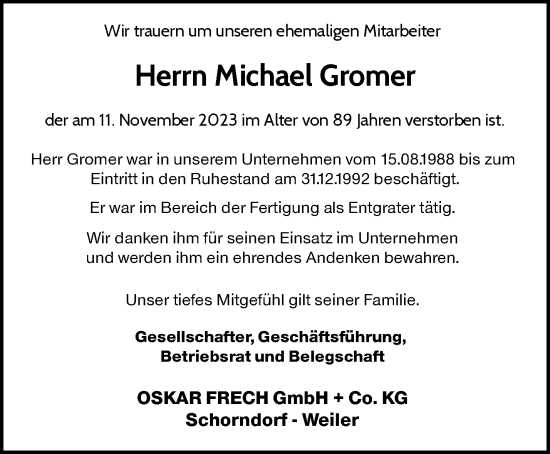 Traueranzeige von Michael Gromer von Waiblinger Kreiszeitung