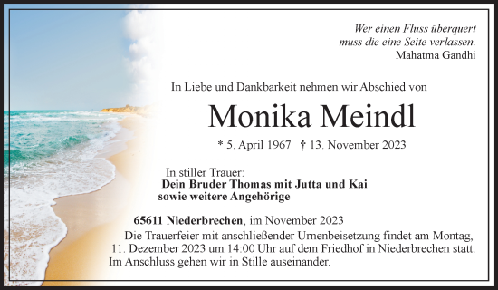 Traueranzeige von Monika Meindl von Waiblinger Kreiszeitung