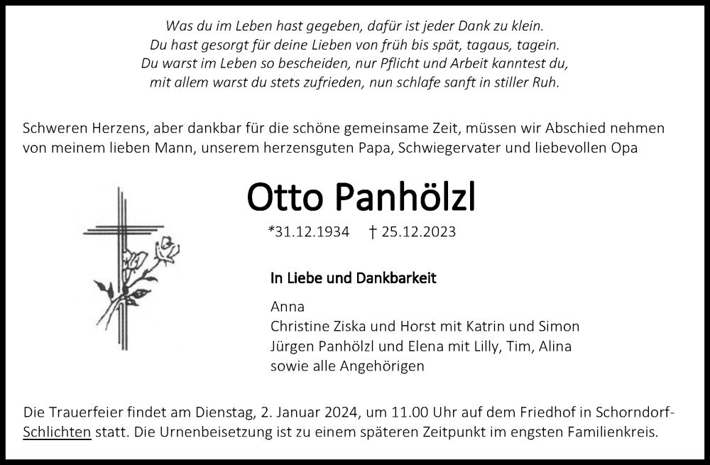 Traueranzeigen Von Otto Panhölzl | ZVW-Trauer