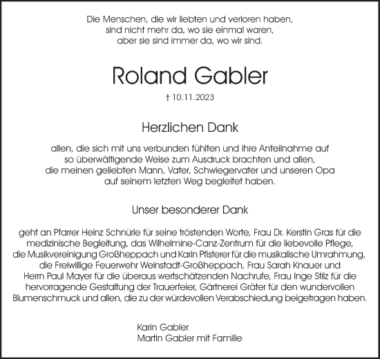 Traueranzeige von Roland Gabler von Waiblinger Kreiszeitung