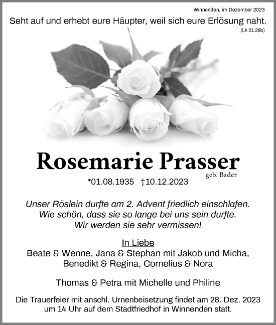 Traueranzeige von Rosemarie Prasser von Waiblinger Kreiszeitung