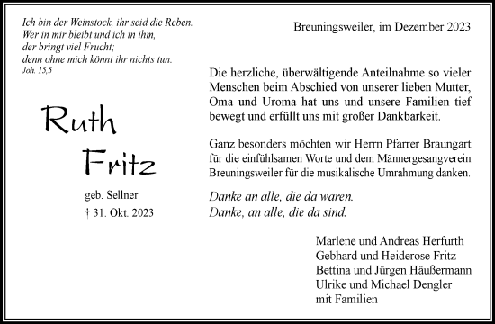 Traueranzeige von Ruth Fritz von Waiblinger Kreiszeitung