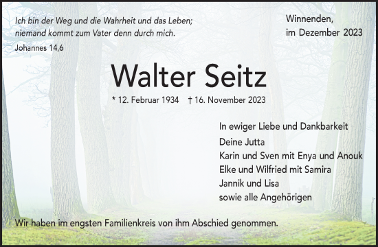 Traueranzeige von Walter Seitz von Waiblinger Kreiszeitung