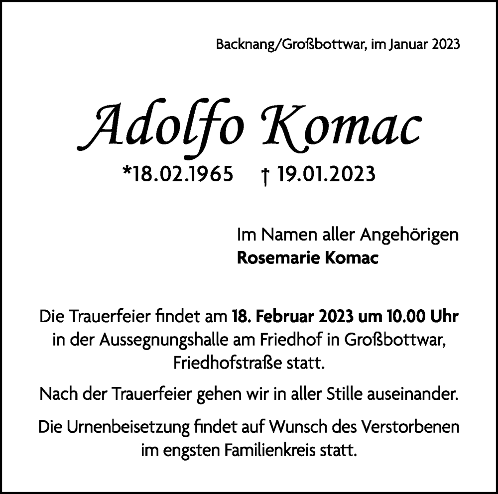  Traueranzeige für Adolfo Komac vom 04.02.2023 aus Waiblinger Kreiszeitung