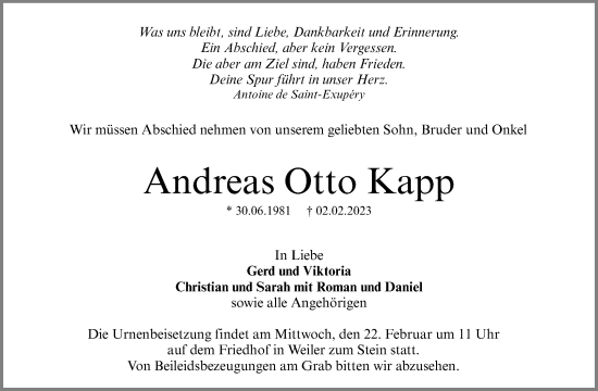 Traueranzeigen Von Andreas Otto Kapp | ZVW-Trauer