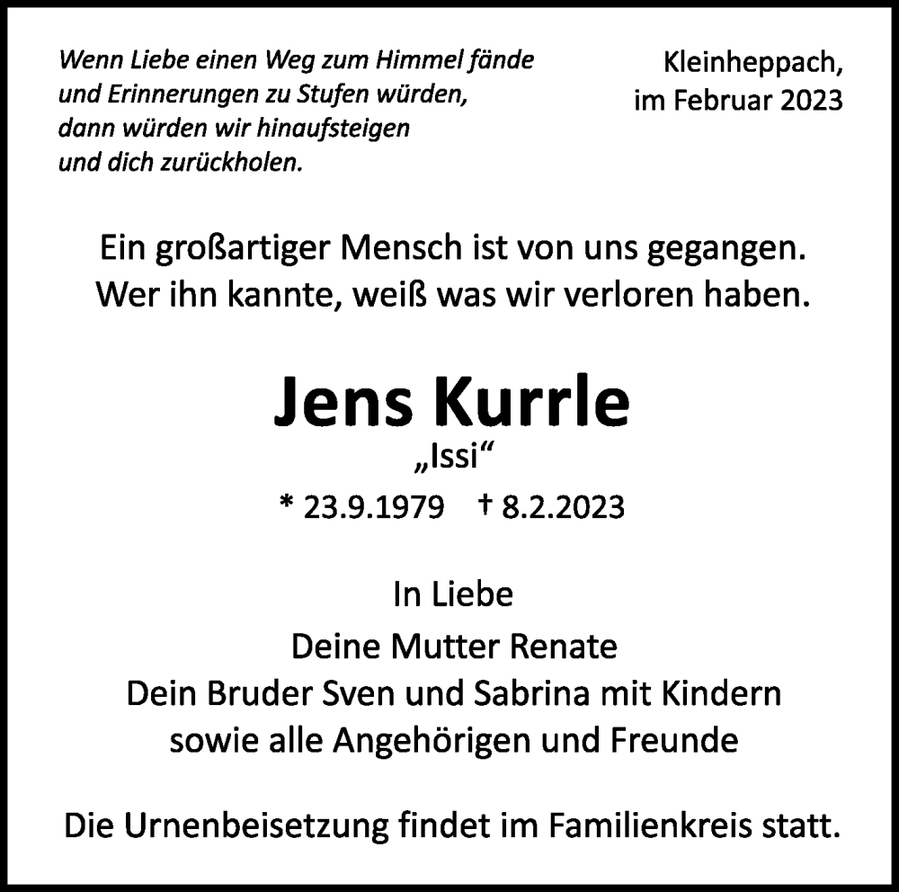  Traueranzeige für Jens Kurrle vom 15.02.2023 aus Waiblinger Kreiszeitung