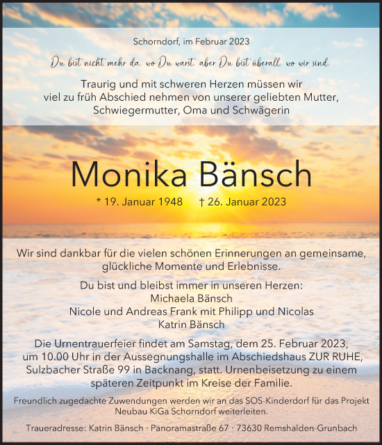 Traueranzeige von Monika Bänsch von Waiblinger Kreiszeitung