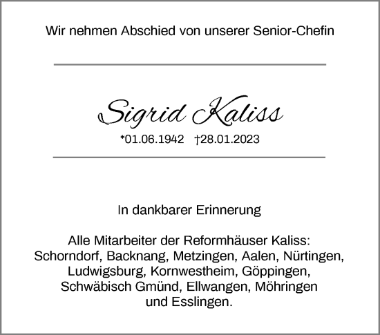 Traueranzeige von Sigrid Kaliss von Waiblinger Kreiszeitung