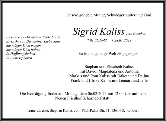 Traueranzeige von Sigrid Kaliss von Waiblinger Kreiszeitung