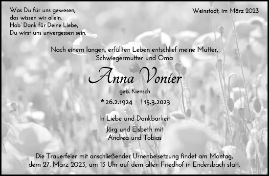 Traueranzeige von Anna Vonier von Waiblinger Kreiszeitung