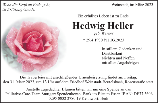 Traueranzeige von Hedwig Heller von Waiblinger Kreiszeitung