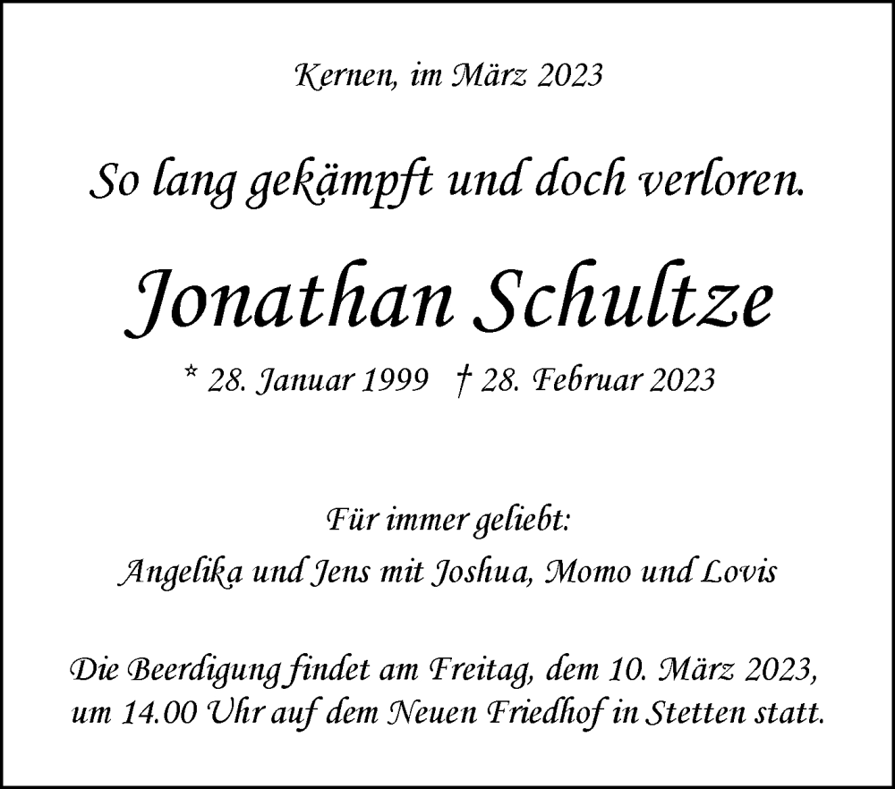  Traueranzeige für Jonathan Schultze vom 08.03.2023 aus Waiblinger Kreiszeitung