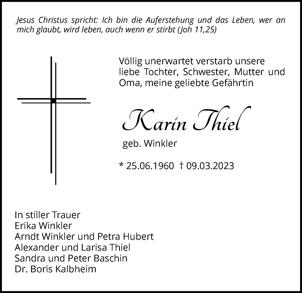  Traueranzeige für Karin Thiel vom 18.03.2023 aus Waiblinger Kreiszeitung