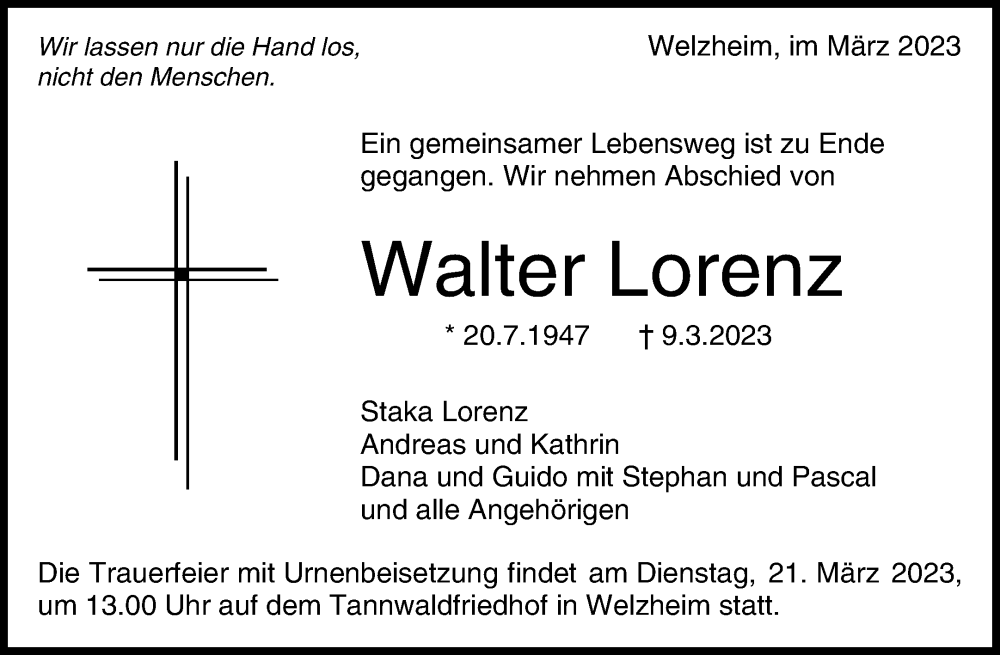  Traueranzeige für Walter Lorenz vom 16.03.2023 aus Waiblinger Kreiszeitung