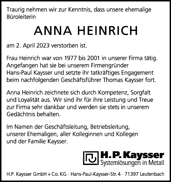 Traueranzeige von Anna Heinrich von Waiblinger Kreiszeitung