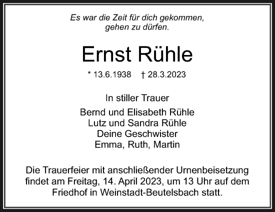 Traueranzeige von Ernst Rühle von Waiblinger Kreiszeitung