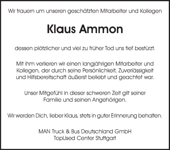 Traueranzeige von Klaus Ammon von Waiblinger Kreiszeitung