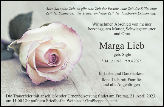 Traueranzeige von Marga Lieb von Waiblinger Kreiszeitung