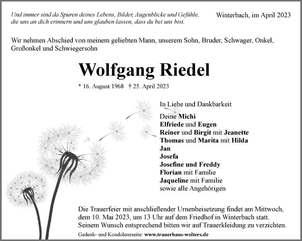  Traueranzeige für Wolfgang Riedel vom 29.04.2023 aus Waiblinger Kreiszeitung