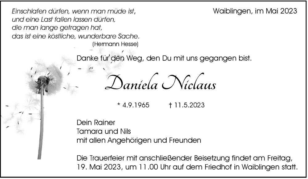  Traueranzeige für Daniela Niclaus vom 15.05.2023 aus Waiblinger Kreiszeitung