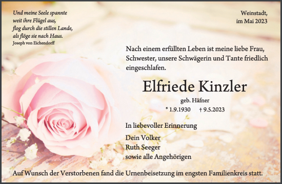 Traueranzeige von Elfriede Kinzler von Waiblinger Kreiszeitung