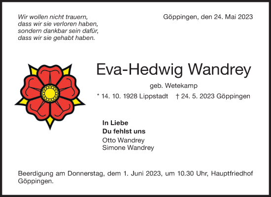 Traueranzeige von Eva-Hedwig Wandrey von Waiblinger Kreiszeitung