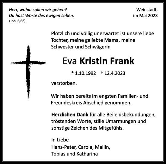 Traueranzeige von Eva Kristin Frank von Waiblinger Kreiszeitung