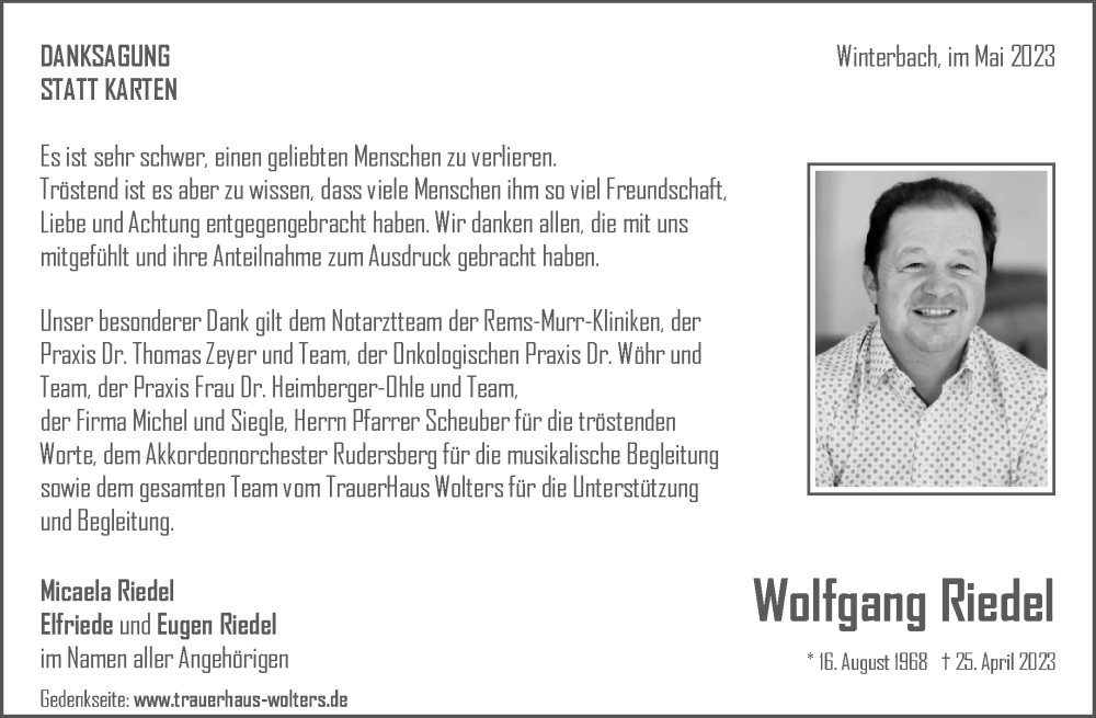  Traueranzeige für Wolfgang Riedel vom 20.05.2023 aus Waiblinger Kreiszeitung