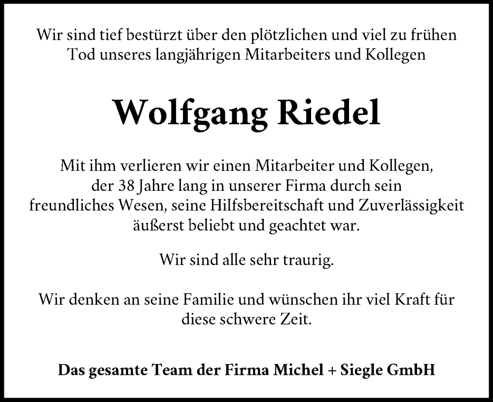  Traueranzeige für Wolfgang Riedel vom 04.05.2023 aus Waiblinger Kreiszeitung