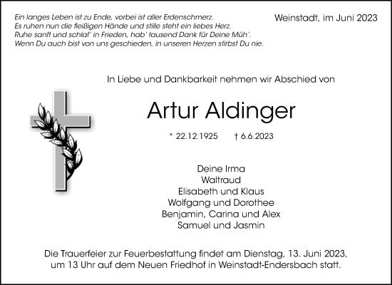 Traueranzeige von Artur Aldinger von Waiblinger Kreiszeitung