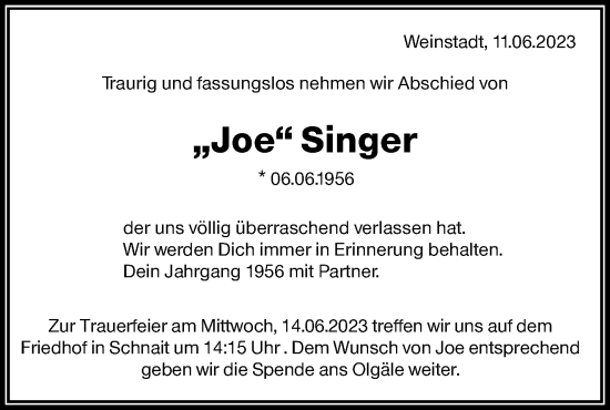 Traueranzeige von Joe Singer von Waiblinger Kreiszeitung